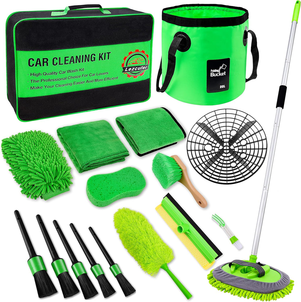 17Pcs Car Wash Kit,62" Car Wash Brush Mop with Long Handle,Car Cleaning Kit,Car Detailing Brush Set,Car Wash Bucket,Car Wheel Brush,Complete Interior Car Cleaning Supplies