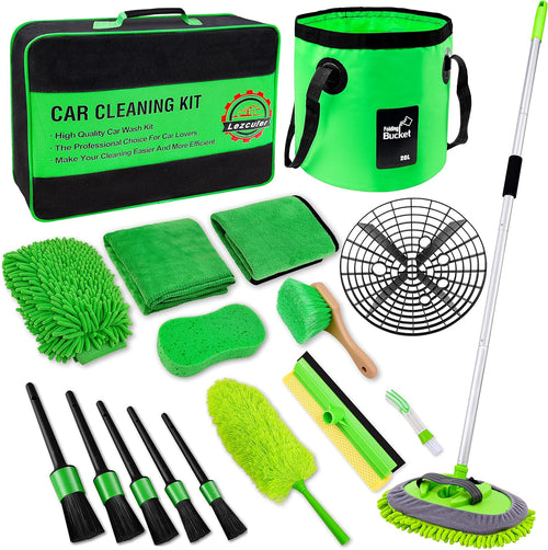 17Pcs Car Wash Kit,62" Car Wash Brush Mop with Long Handle,Car Cleaning Kit,Car Detailing Brush Set,Car Wash Bucket,Car Wheel Brush,Complete Interior Car Cleaning Supplies