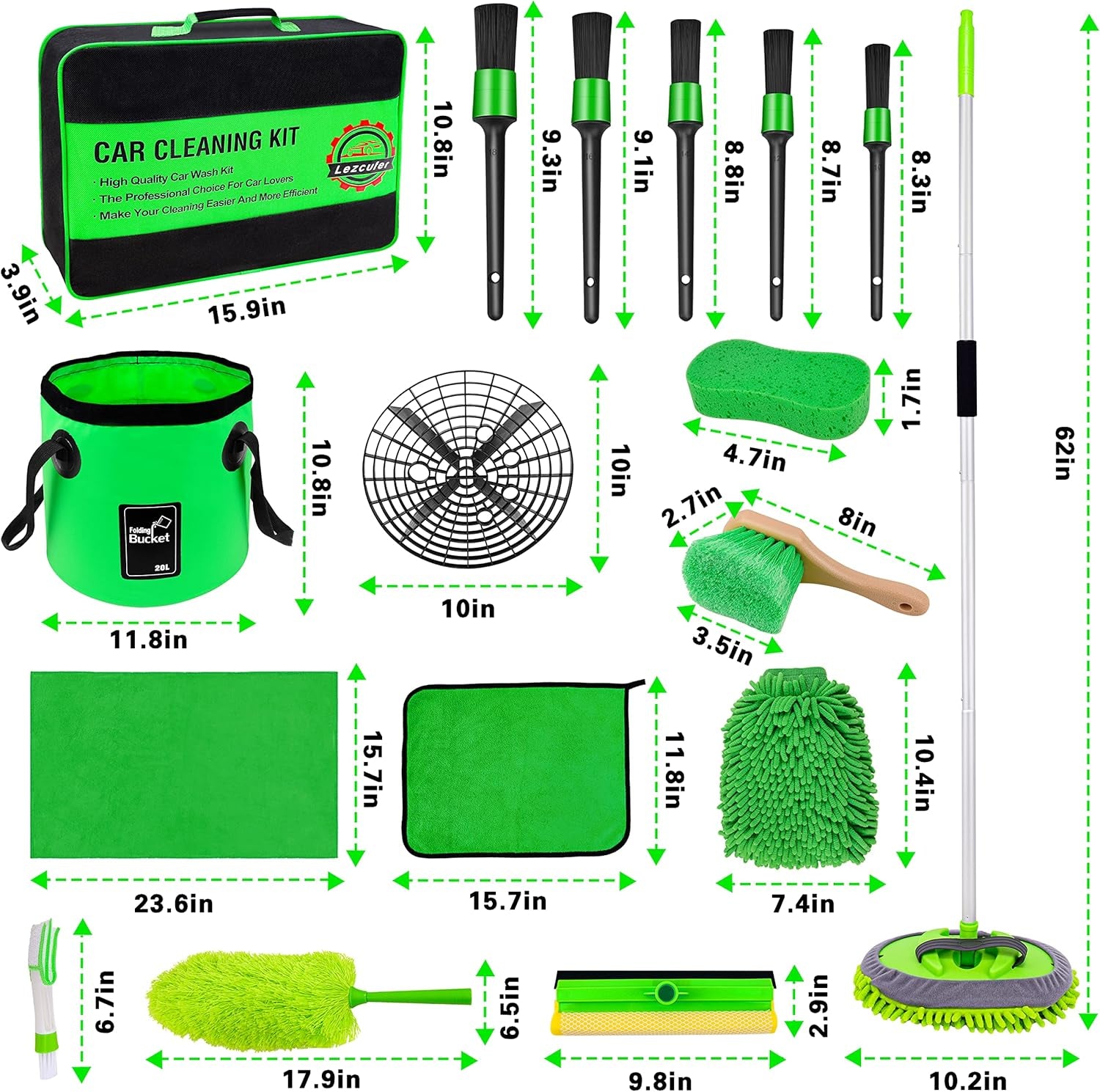 17Pcs Car Wash Kit,62" Car Wash Brush Mop with Long Handle,Car Cleaning Kit,Car Detailing Brush Set,Car Wash Bucket,Car Wheel Brush,Complete Interior Car Cleaning Supplies